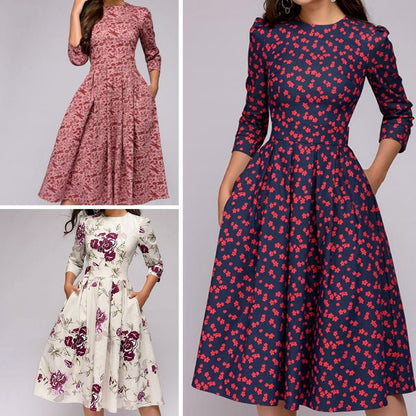 Valeria | Vestido midi con estampado floral y cuello redondo