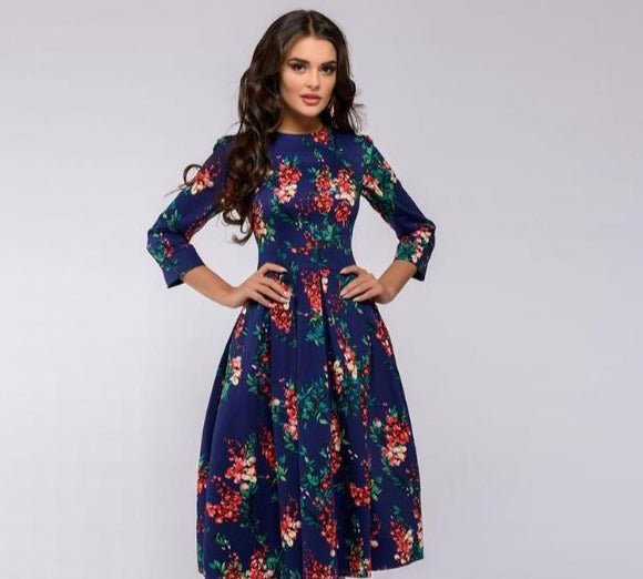 Valeria | Vestido midi con estampado floral y cuello redondo