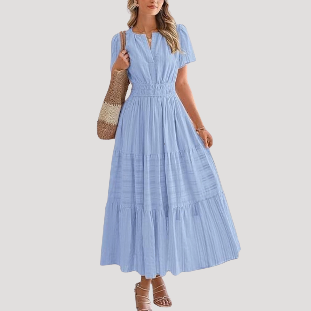 Celeste | Vestido maxi para mujer con cintura fruncida y capas