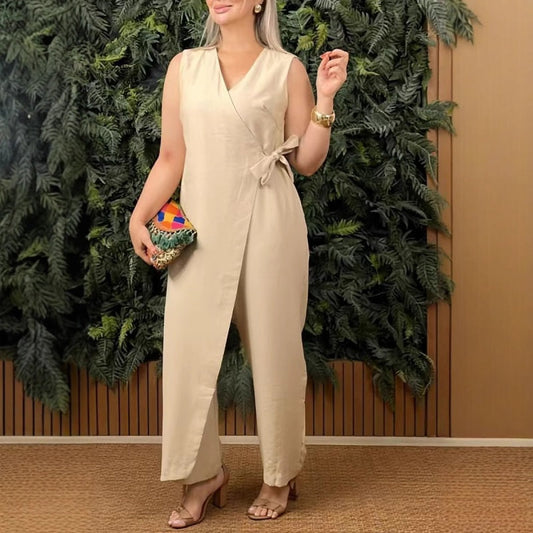 Teresa| Women's sleeveless jumpsuit with crossed V-neck and tie