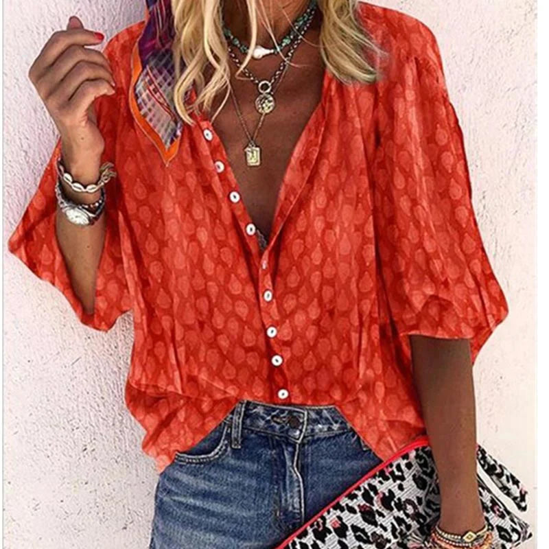 Alviera | Women's Printed Button-Down Blouse with Wide Short Sleeves