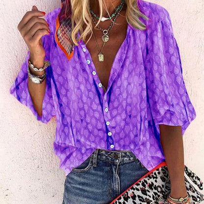 Alviera | Women's Printed Button-Down Blouse with Wide Short Sleeves