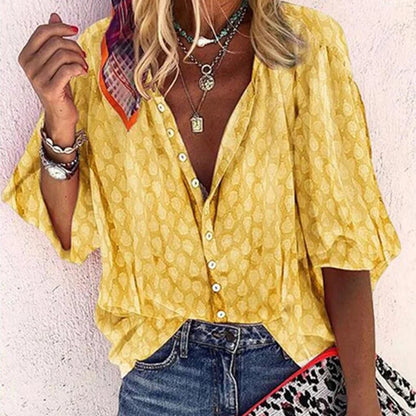Alviera | Women's Printed Button-Down Blouse with Wide Short Sleeves