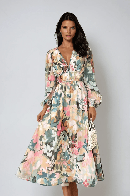 Alicia | Midikleid für Damen mit V-Ausschnitt und Blumenmuster  