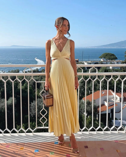 Bibiana | Robe midi plissée pour femme avec décolleté en V et taille découpée