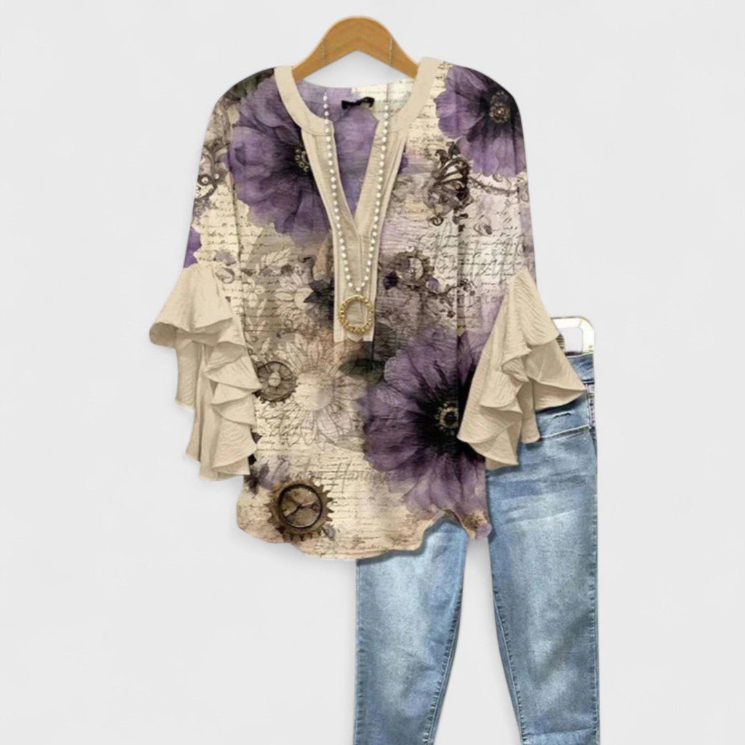 Violette | Blouse fleurie femme à manches volantées et décolleté en V