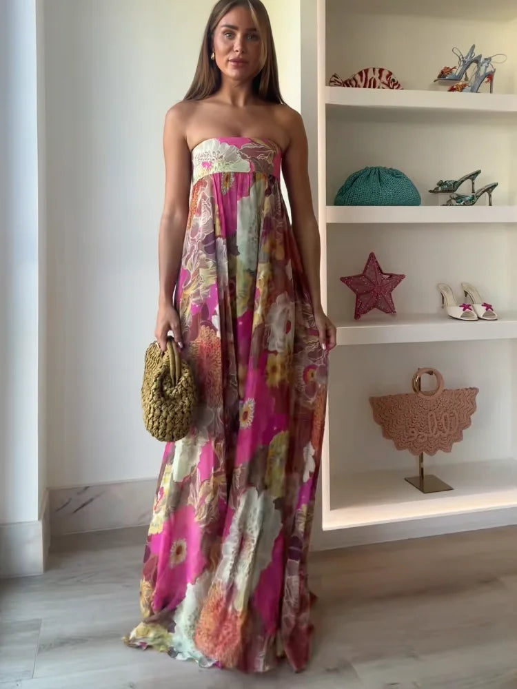 Lurevia | Maxikleid für Damen mit Blumenmuster und trägerlosem Hochzeitsstil  