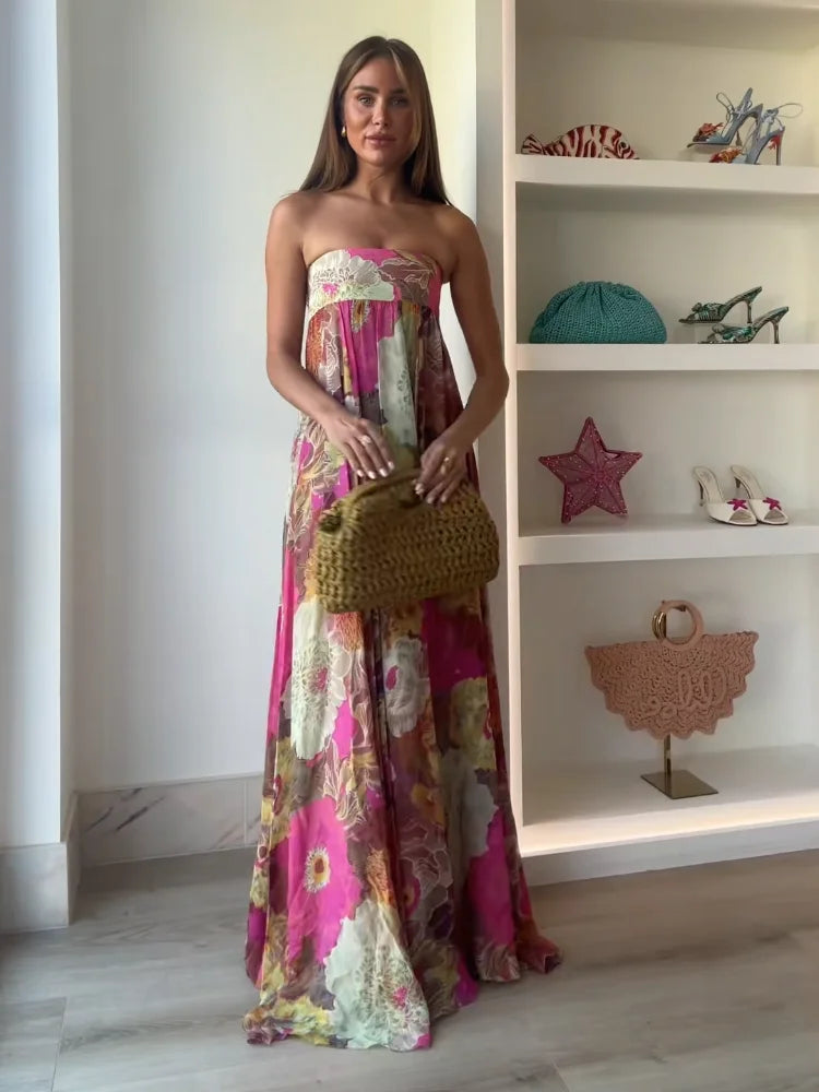 Lurevia | Maxikleid für Damen mit Blumenmuster und trägerlosem Hochzeitsstil  