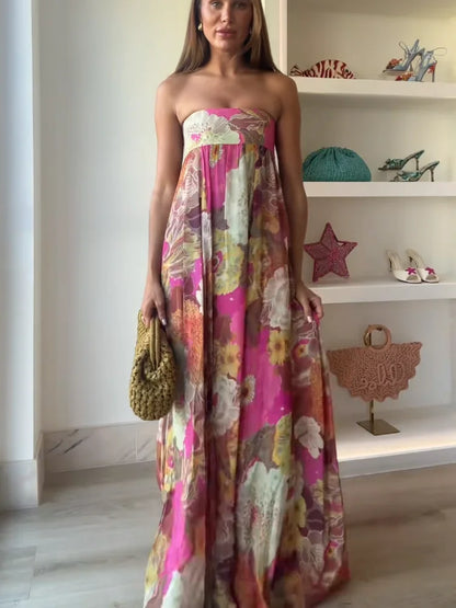 Lurevia | Maxikleid für Damen mit Blumenmuster und trägerlosem Hochzeitsstil  