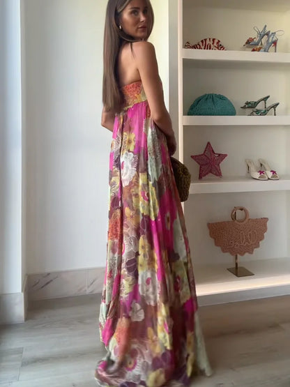 Lurevia | Maxikleid für Damen mit Blumenmuster und trägerlosem Hochzeitsstil  