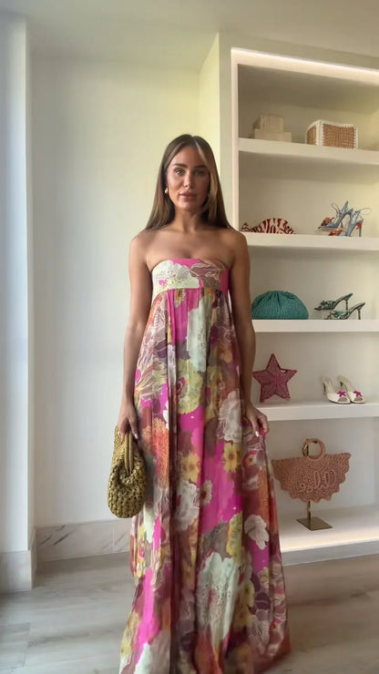Lurevia | Maxikleid für Damen mit Blumenmuster und trägerlosem Hochzeitsstil  